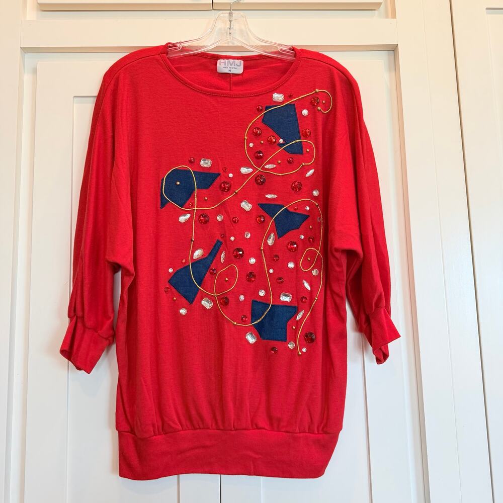 HMJ Vintage Dolman Top Medium Red Beaded Denim Patch 80s 90s USA
